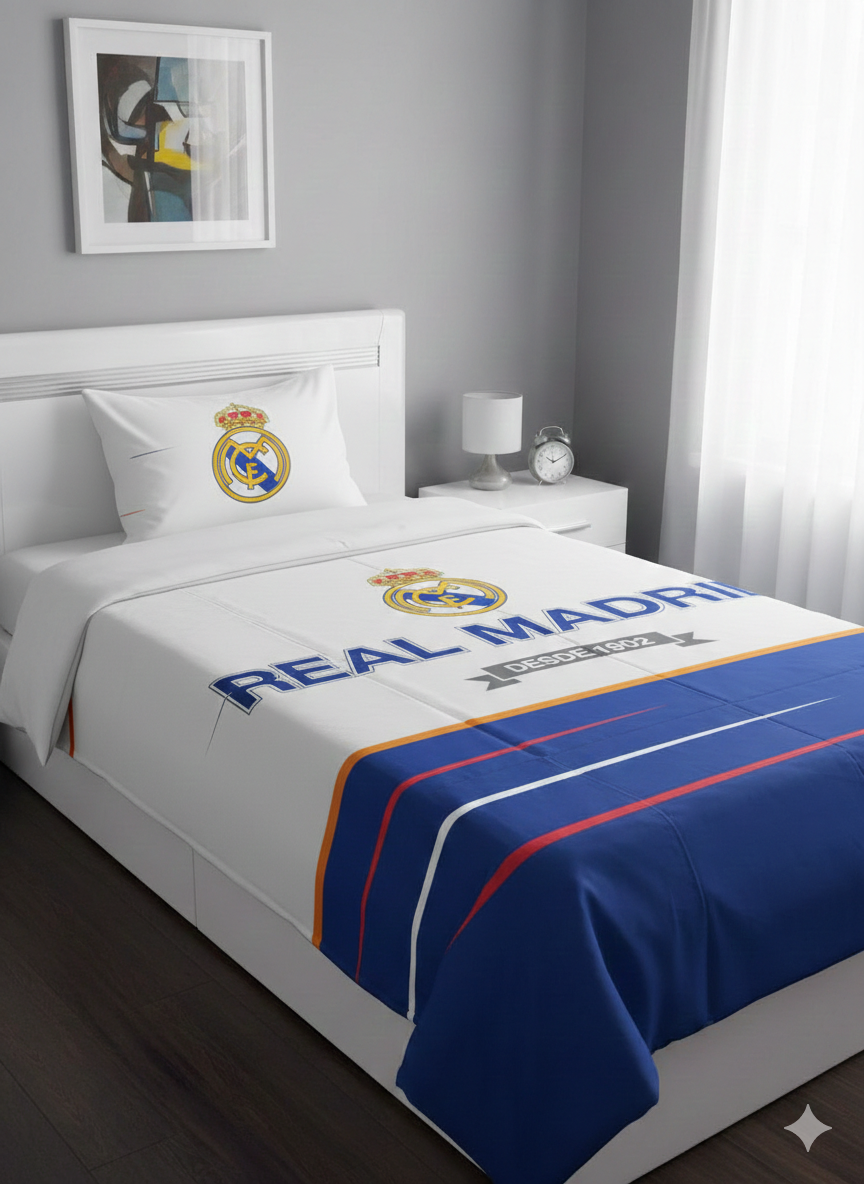 Real Madrid™ Luxury White & Blue Single Bedsheet – Royal Champions Edition