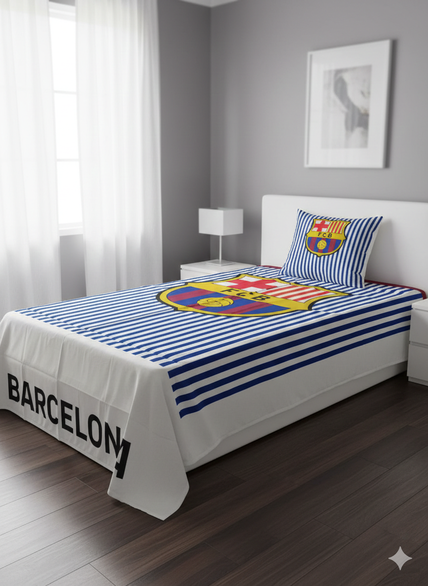 FC Barcelona™ Luxury Blue & White Line Single Bedsheet – Blaugrana Elegance Edition