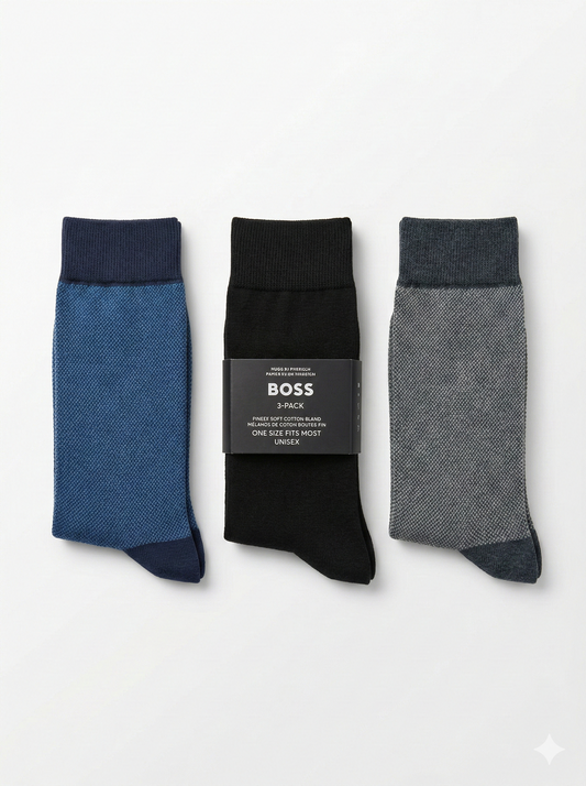 BOSS Pack of 3 Premium Cotton Socks (Blue, Black and Grey)