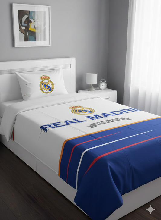 Real Madrid™ Luxury White & Blue Single Bedsheet – Royal Champions Edition