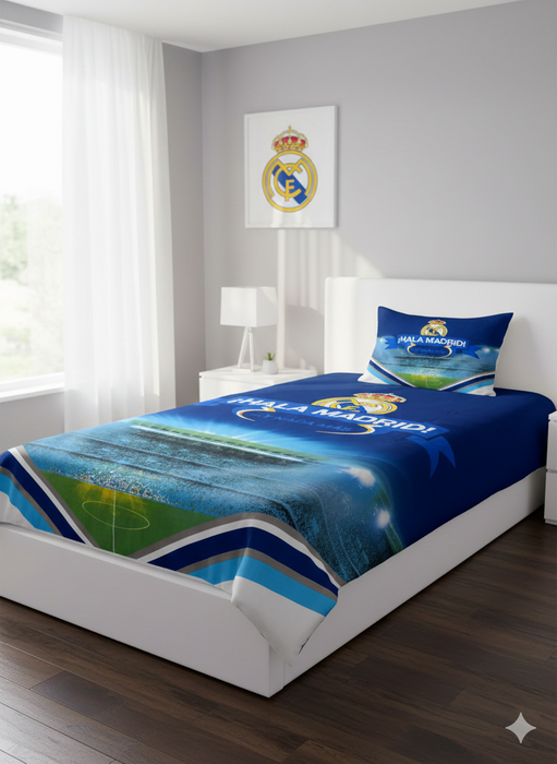 Real Madrid™ Luxury Blue & Sea-Green Single Bedsheet – Royal Wave Edition