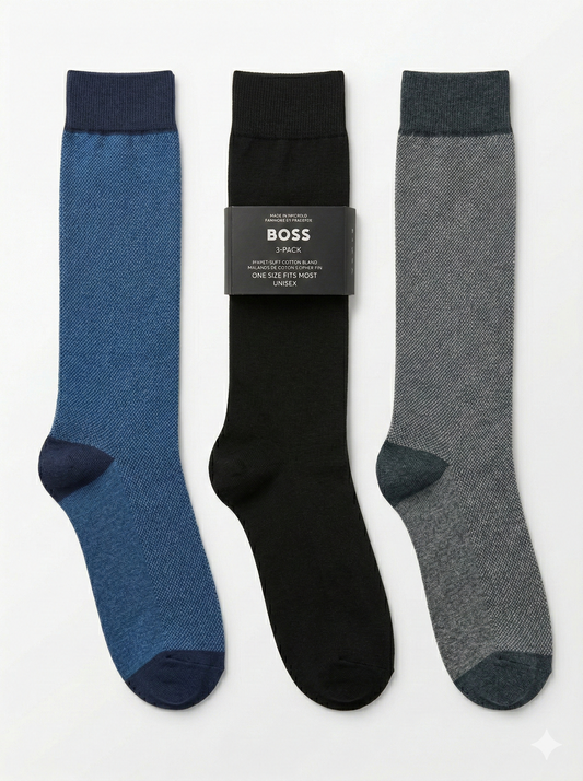 BOSS Pack of 3 Premium Cotton Socks (Blue, Black and Grey)